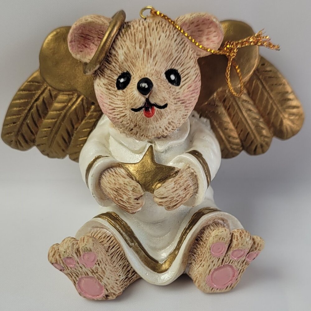 VTG 1996 CLAIRE'S Teddy Bear Angel Ornament Gold Wings Small 3"x4" Whimsical